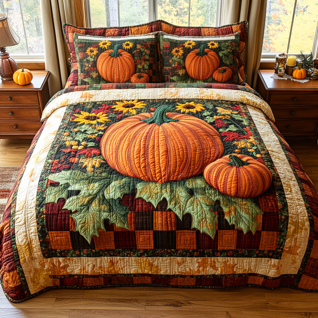 Autumn Charm Autumn Leaves quilted 3-piece bedding set on a made bed with two matching pillow shams