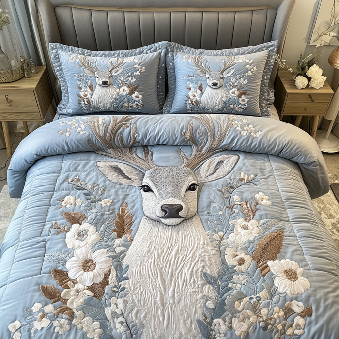 Autumn Deer Forest quilted 3-piece bedding set on a made bed with two matching pillow shams