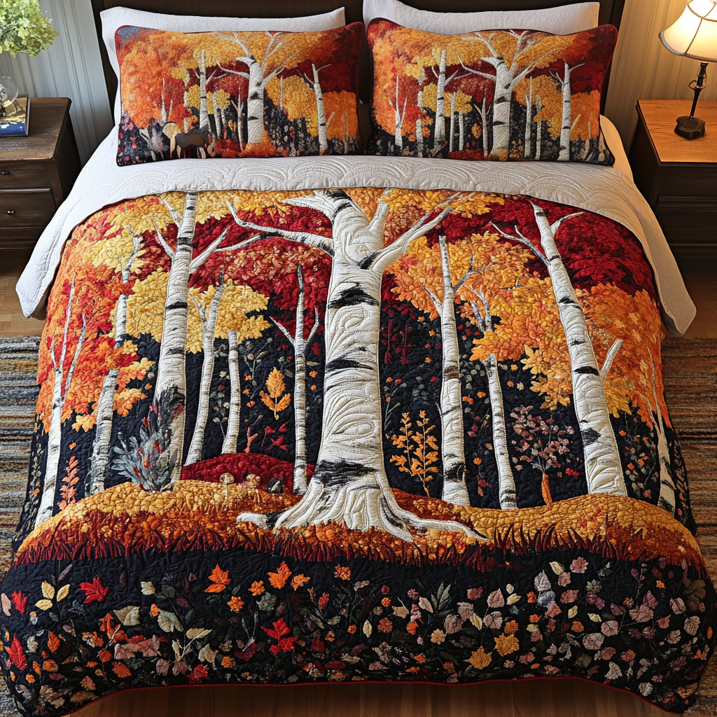 Autumn Forest quilted 3-piece bedding set on a made bed with two matching pillow shams