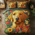 Autumn Glow Animal Dog quilted 3-piece bedding set on a made bed with two matching pillow shams