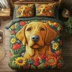 Autumn Glow Animal Dog quilted 3-piece bedding set on a made bed with two matching pillow shams