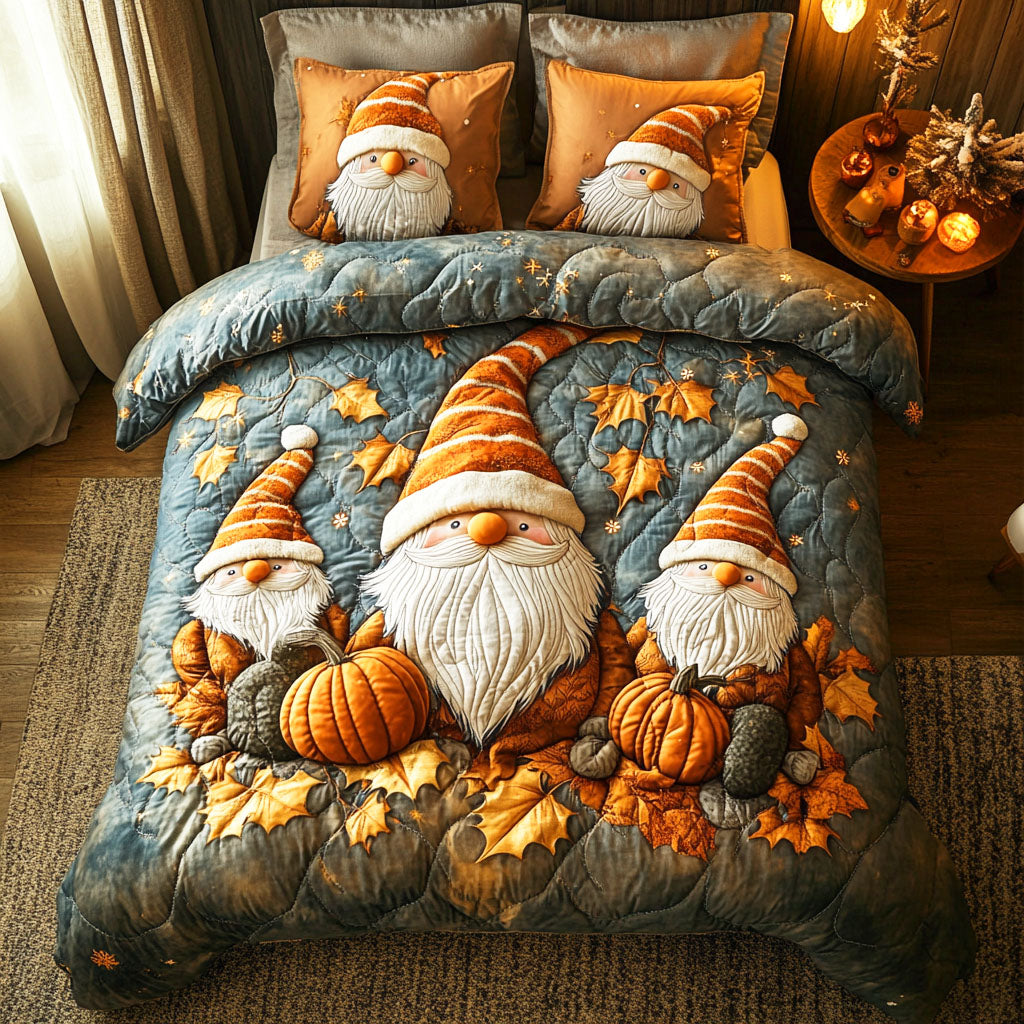 Autumn Gnome Autumn Leaves quilted 3-piece bedding set on a made bed with two matching pillow shams