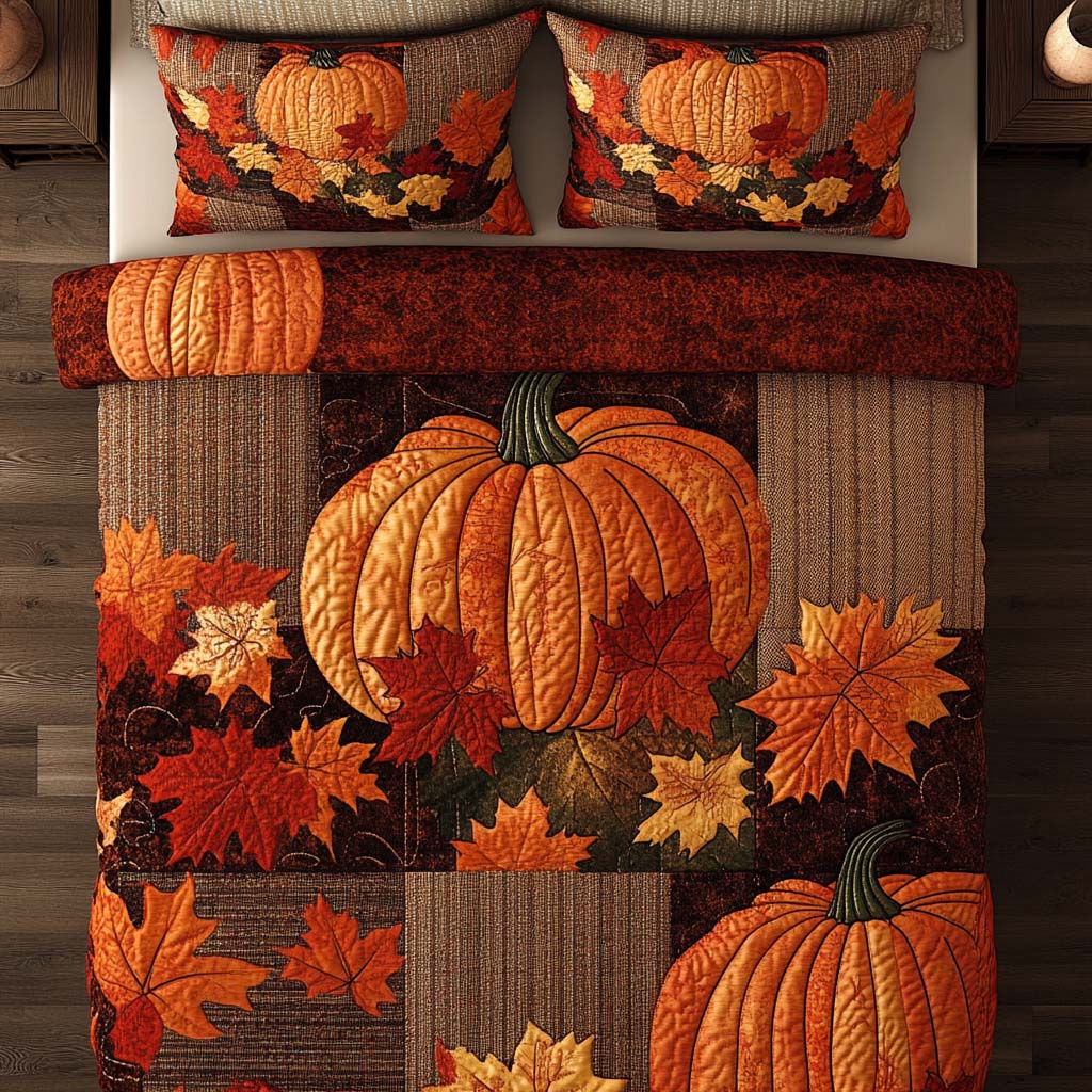 Autumn Homestead Joy quilted 3-piece bedding set on a made bed with two matching pillow shams