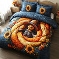 Autumn Scarecrow Autumn Leaves quilted 3-piece bedding set on a made bed with two matching pillow shams