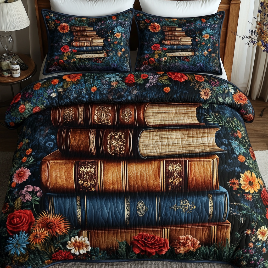 Autumn Stories quilted 3-piece bedding set on a made bed with two matching pillow shams