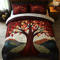 Autumn Tree Bedspread quilted 3-piece bedding set on a made bed with two matching pillow shams