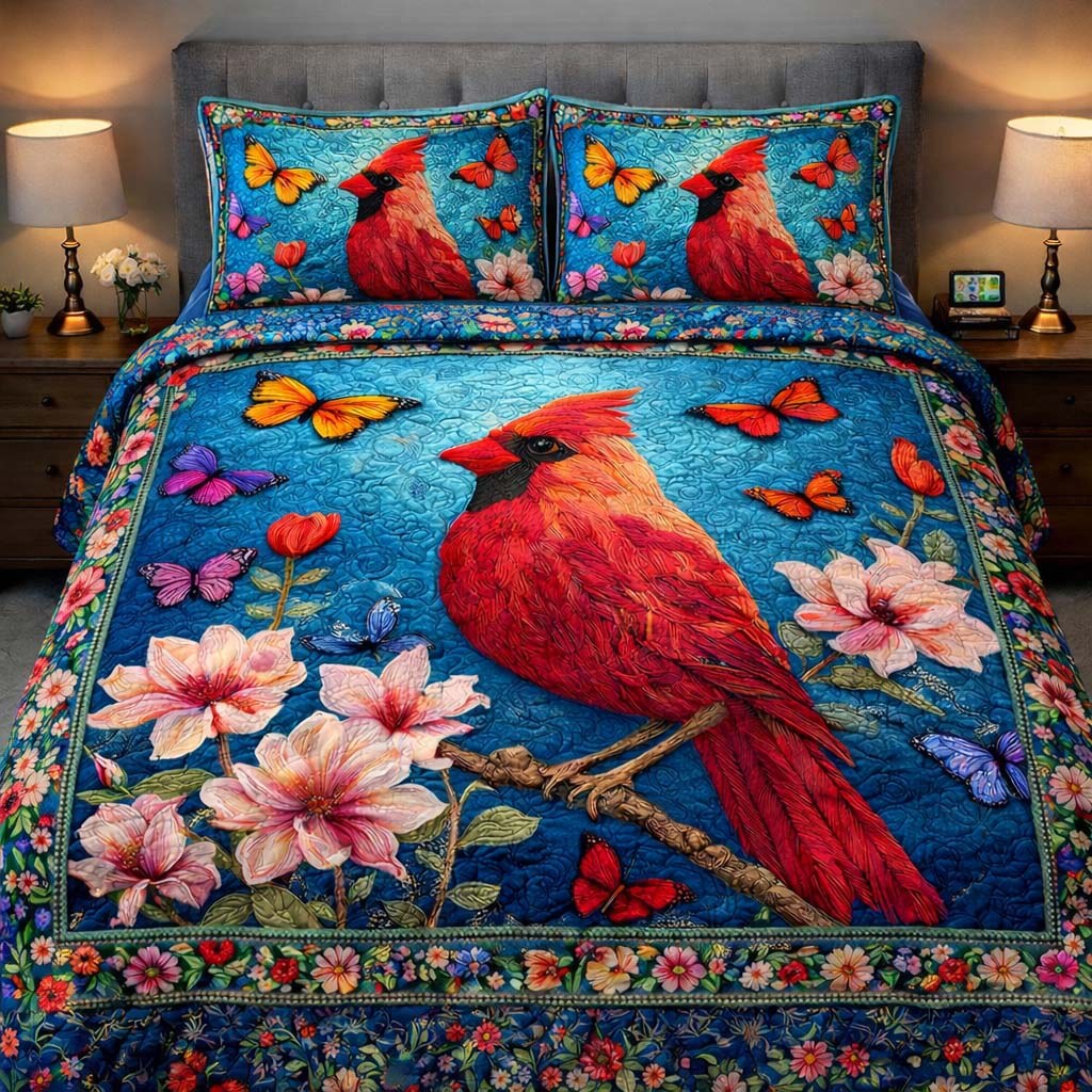 Azure Cardinal Garden quilted 3-piece bedding set on a made bed with two matching pillow shams