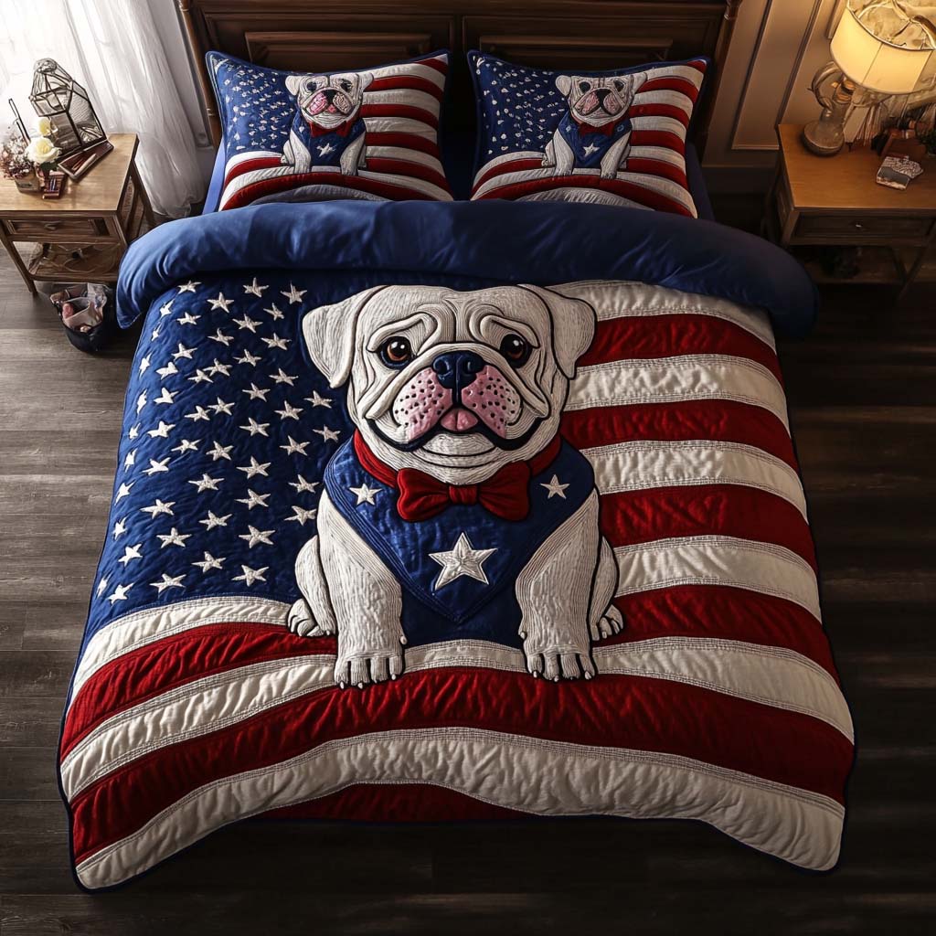 Battlefield Bulldog quilted 3-piece bedding set on a made bed with two matching pillow shams