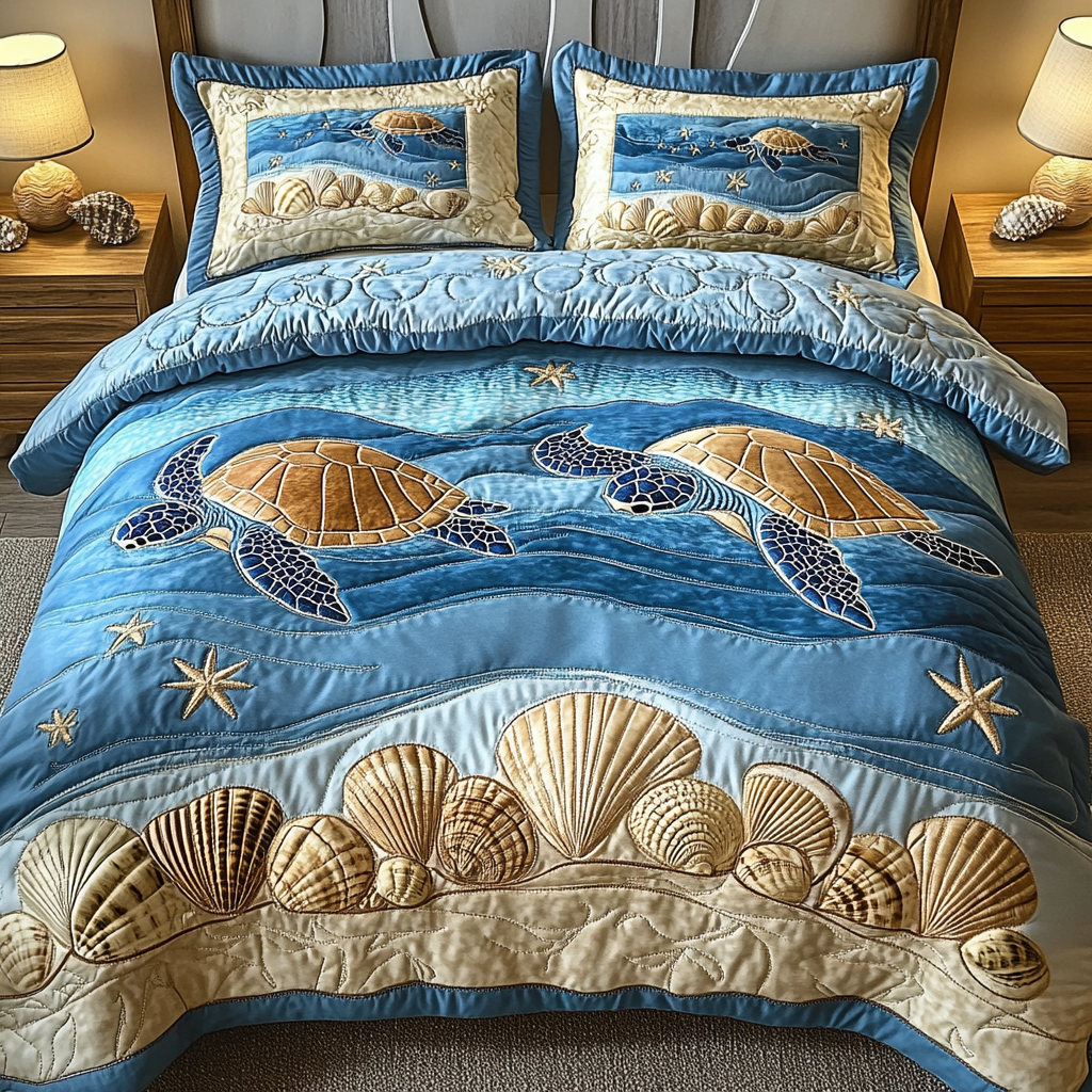 Beach Dream quilted 3-piece bedding set on a made bed with two matching pillow shams