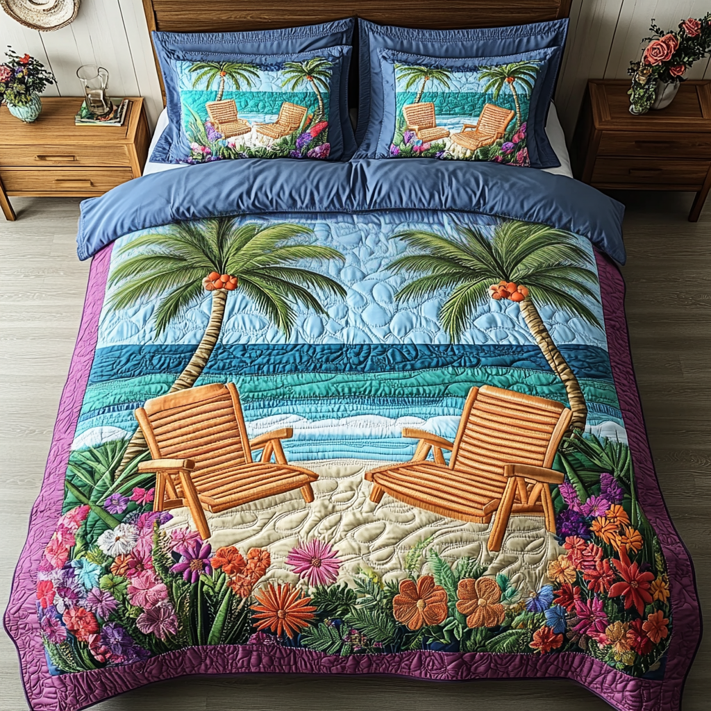 Beach Haven Aloha quilted 3-piece bedding set on a made bed with two matching pillow shams