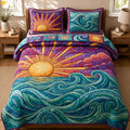 Beach Sunset quilted 3-piece bedding set on a made bed with two matching pillow shams