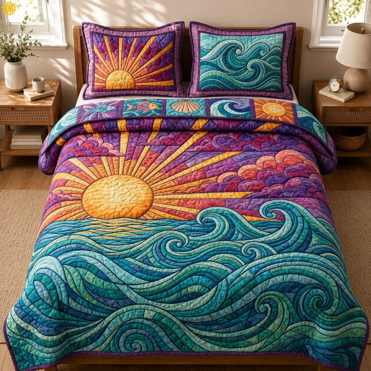 Beach Sunset quilted 3-piece bedding set on a made bed with two matching pillow shams
