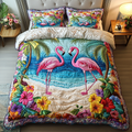 Beachy Flamingo quilted 3-piece bedding set on a made bed with two matching pillow shams