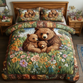 Bear Adventures quilted 3-piece bedding set on a made bed with two matching pillow shams