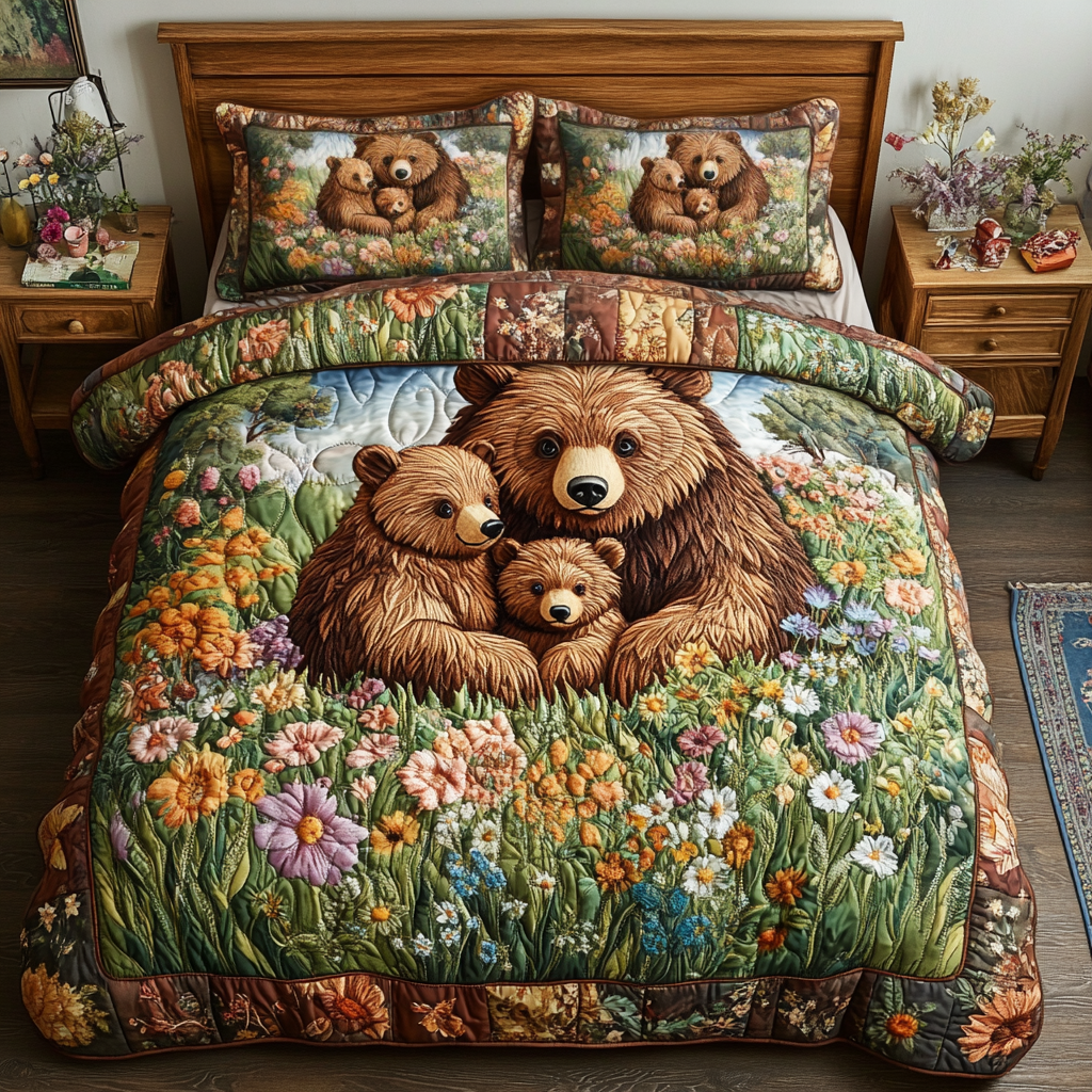 Bear Adventures quilted 3-piece bedding set on a made bed with two matching pillow shams