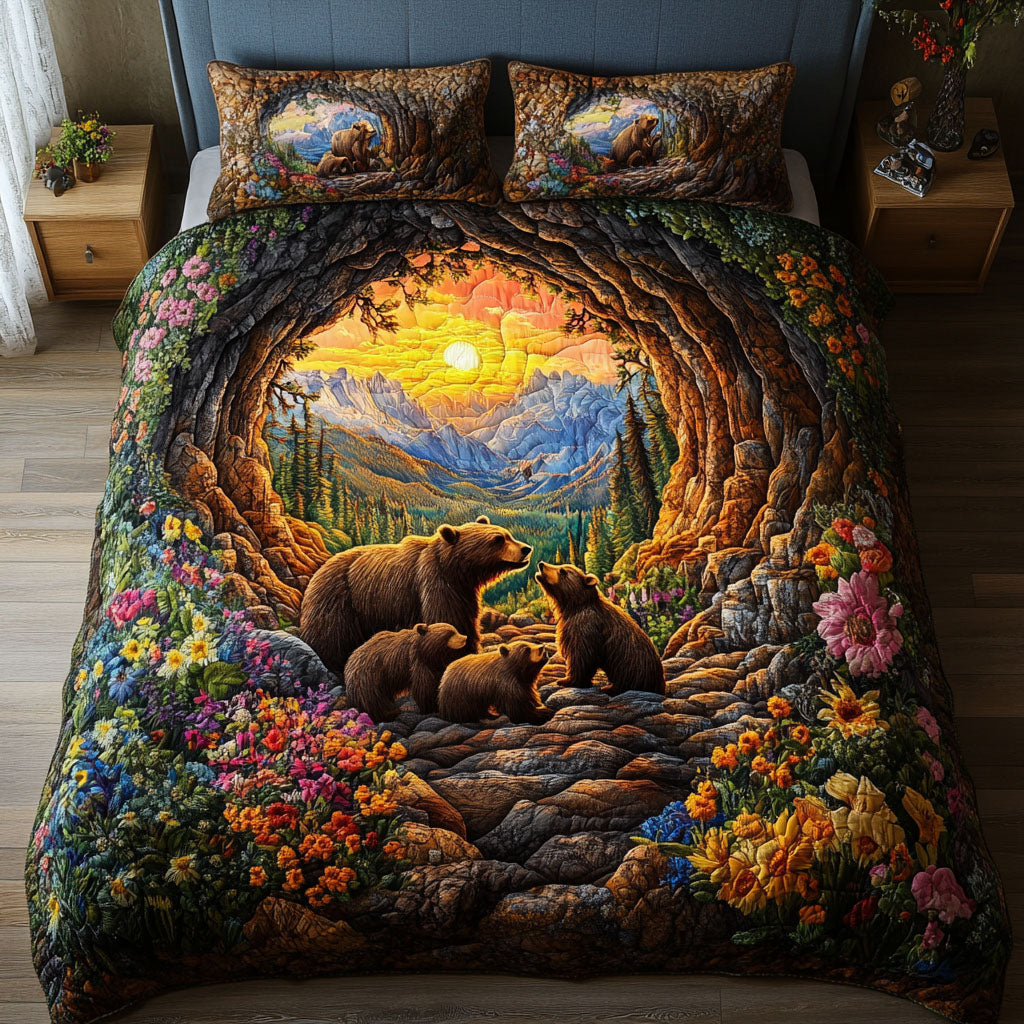 Bear Retreat Animal quilted 3-piece bedding set on a made bed with two matching pillow shams