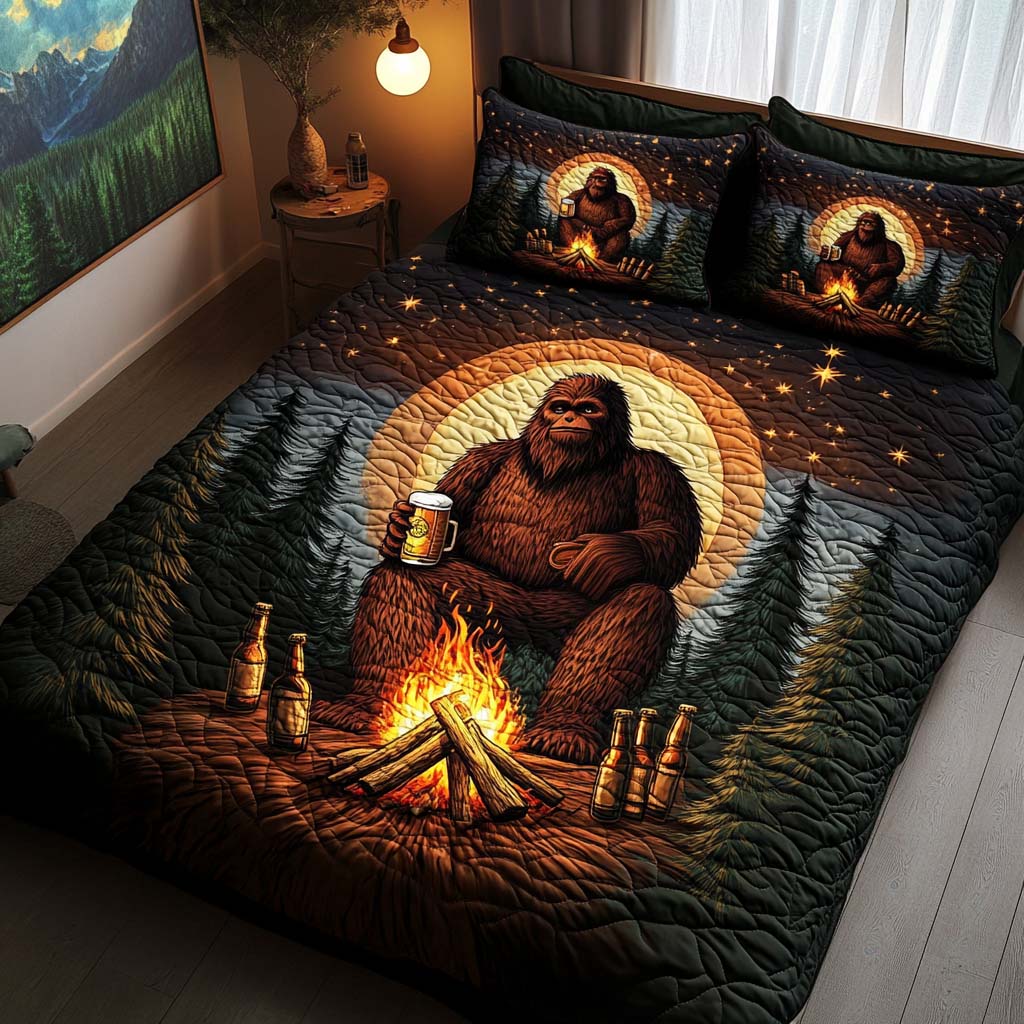 Beer And Stars quilted 3-piece bedding set on a made bed with two matching pillow shams