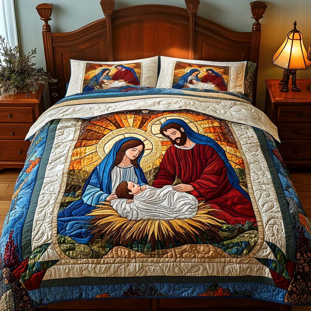 Bethlehem Light Christmas quilted 3-piece bedding set on a made bed with two matching pillow shams
