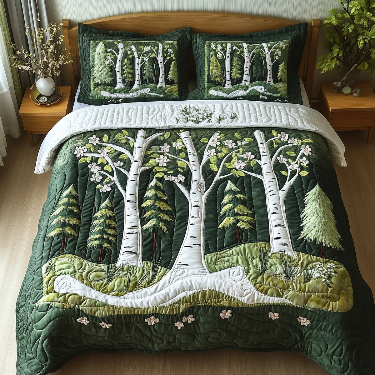 Birch Forest quilted 3-piece bedding set on a made bed with two matching pillow shams
