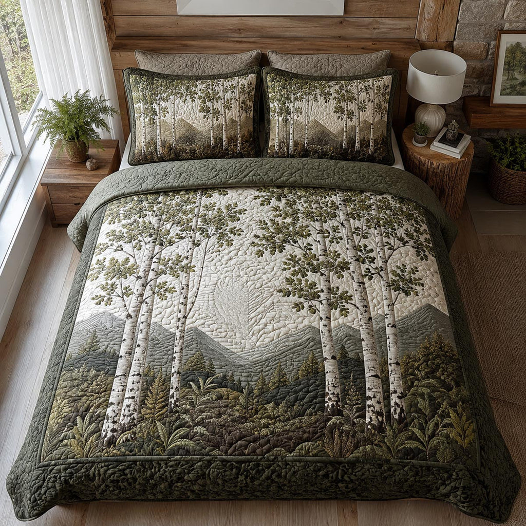 Birchwood Retreat quilted 3-piece bedding set on a made bed with two matching pillow shams