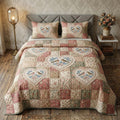 Birdsong Garden Quilt quilted 3-piece bedding set on a made bed with two matching pillow shams