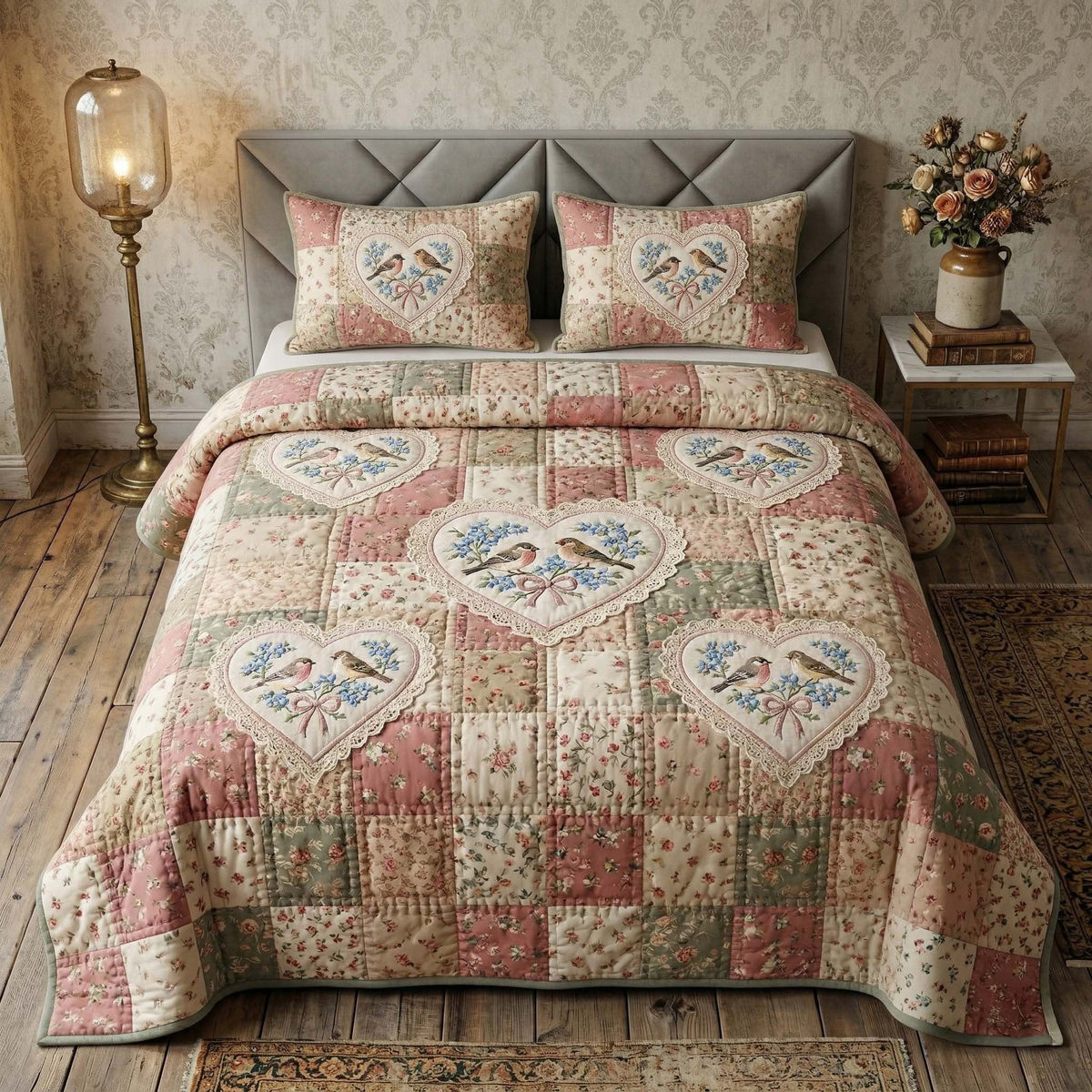 Birdsong Garden Quilt quilted 3-piece bedding set on a made bed with two matching pillow shams