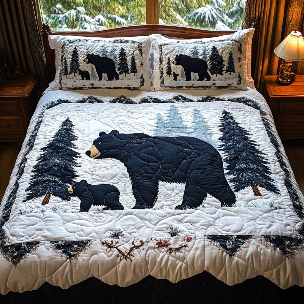 Black Bear Winter quilted 3-piece bedding set on a made bed with two matching pillow shams