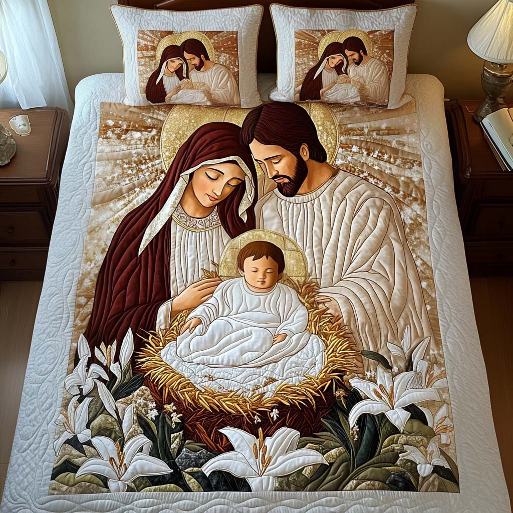 Blessed Unity quilted 3-piece bedding set on a made bed with two matching pillow shams