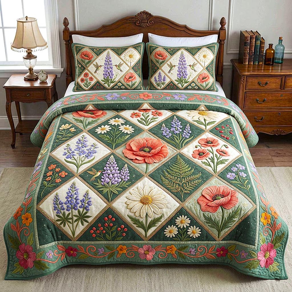 Bloom Patchwork quilted 3-piece bedding set on a made bed with two matching pillow shams