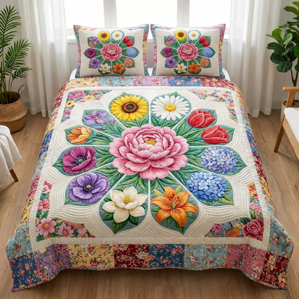 Bloom Rosette quilted 3-piece bedding set on a made bed with two matching pillow shams