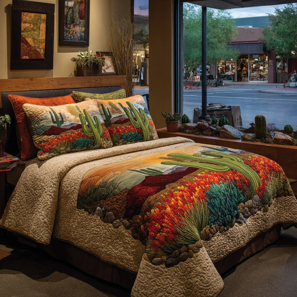Blooming Cactus Desert quilted 3-piece bedding set on a made bed with two matching pillow shams