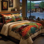 Blooming Cactus Desert quilted 3-piece bedding set on a made bed with two matching pillow shams
