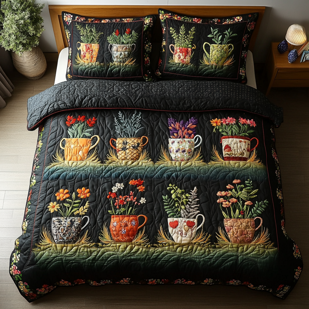 Blooming Cups quilted 3-piece bedding set on a made bed with two matching pillow shams