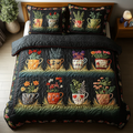 Blooming Cups quilted 3-piece bedding set on a made bed with two matching pillow shams