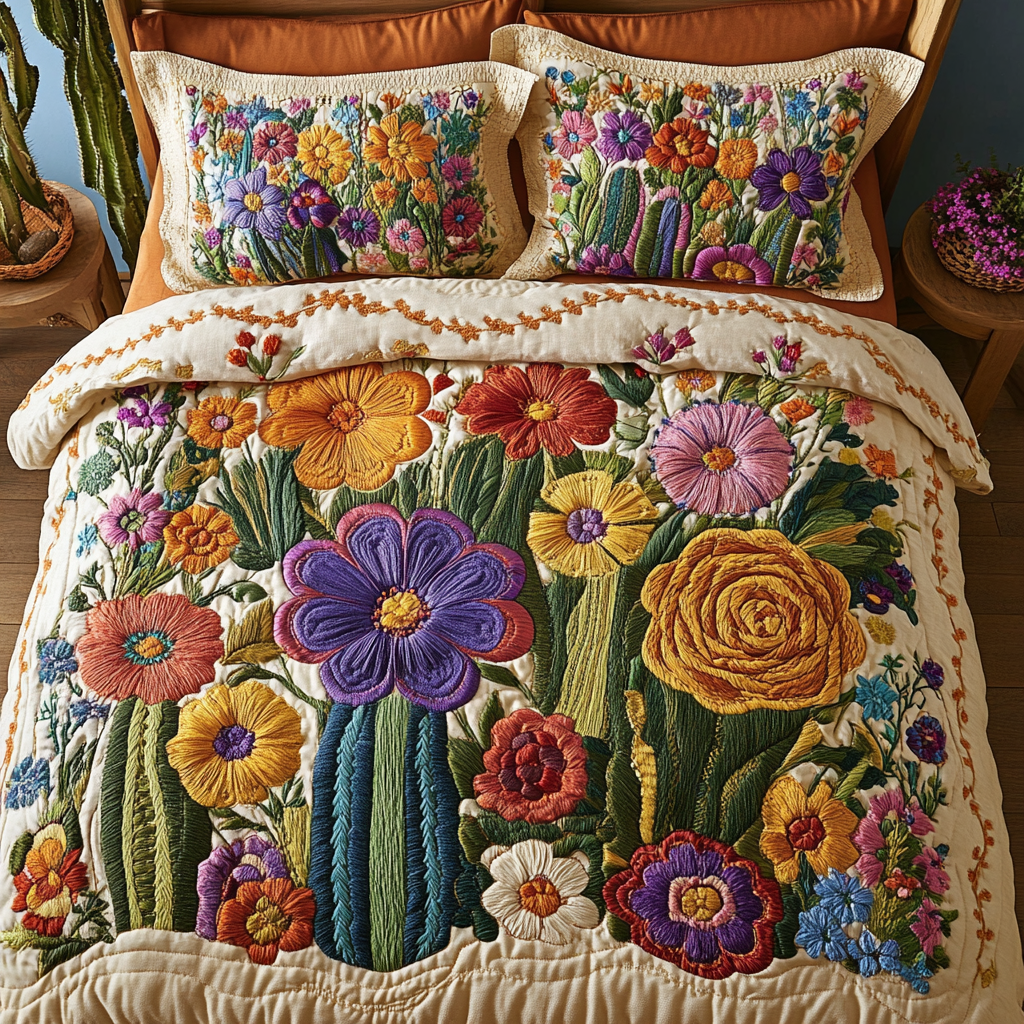 Blooming Garden Bloom quilted 3-piece bedding set on a made bed with two matching pillow shams