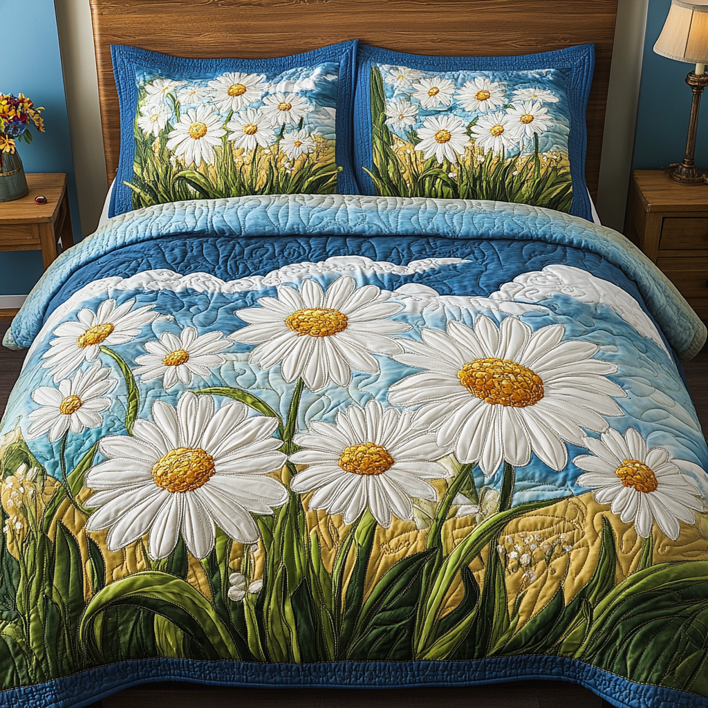Blossom Field Bedspreads quilted 3-piece bedding set on a made bed with two matching pillow shams