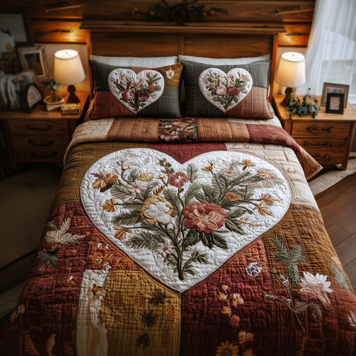 Blossom Heart Patchwork quilted 3-piece bedding set on a made bed with two matching pillow shams