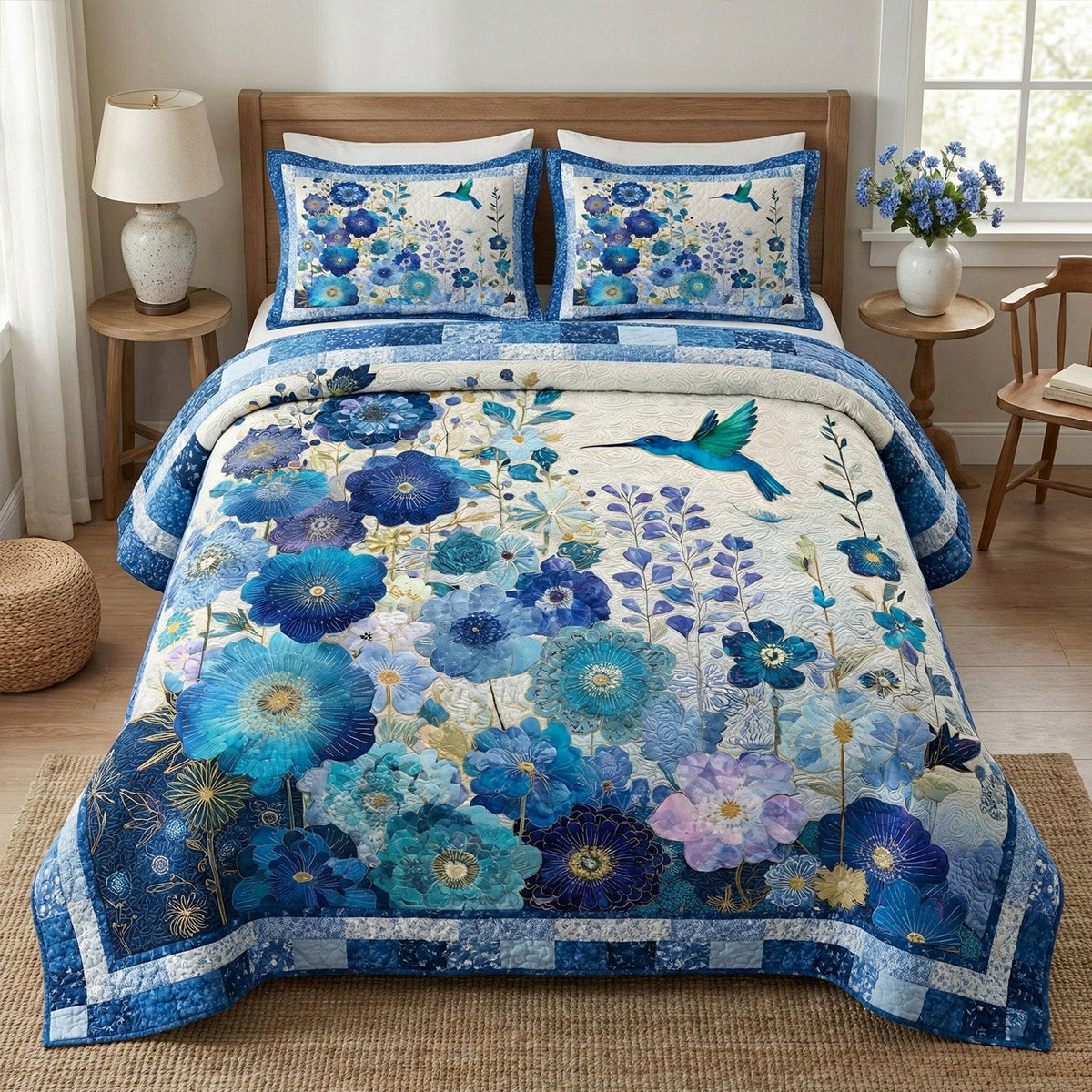Blue Meadow Animal quilted 3-piece bedding set on a made bed with two matching pillow shams