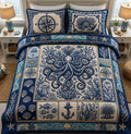 Blue Octopus Ocean quilted 3-piece bedding set on a made bed with two matching pillow shams
