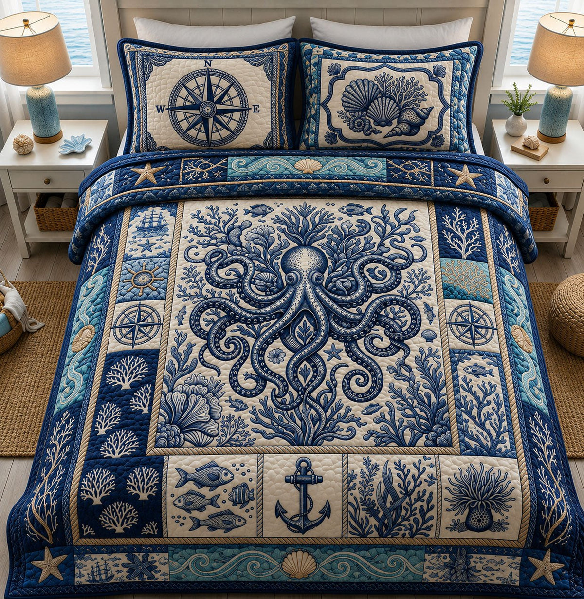 Blue Octopus Ocean quilted 3-piece bedding set on a made bed with two matching pillow shams
