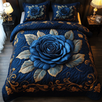 Blue Rose Elegance quilted 3-piece bedding set on a made bed with two matching pillow shams
