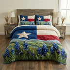 Bluebonnet Flag quilted 3-piece bedding set on a made bed with two matching pillow shams