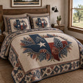 Bluebonnet Pride quilted 3-piece bedding set on a made bed with two matching pillow shams