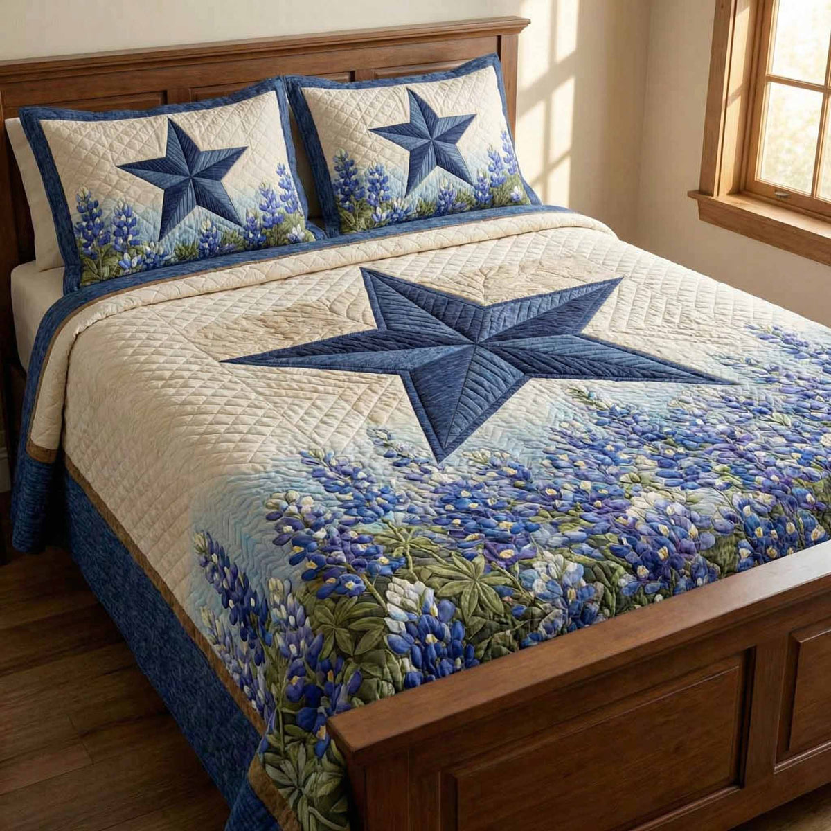 Bluebonnet Star Americana quilted 3-piece bedding set on a made bed with two matching pillow shams