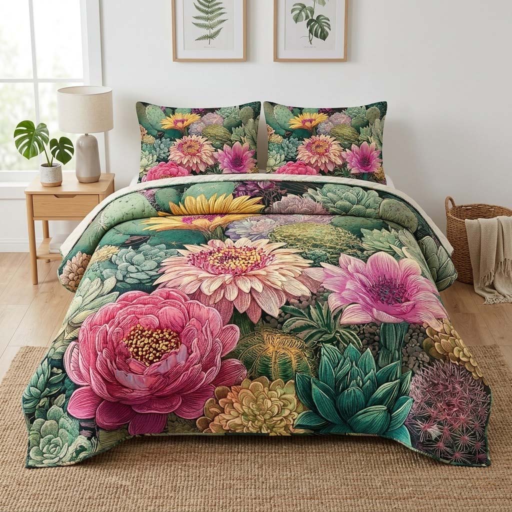 Blush Cactus quilted 3-piece bedding set on a made bed with two matching pillow shams