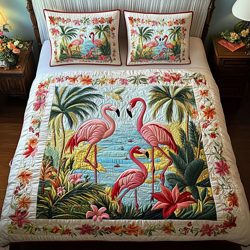 Blush Feathers quilted 3-piece bedding set on a made bed with two matching pillow shams