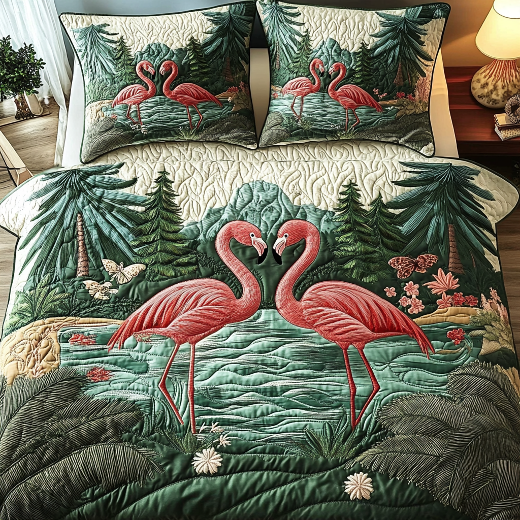 Blush Lagoon quilted 3-piece bedding set on a made bed with two matching pillow shams