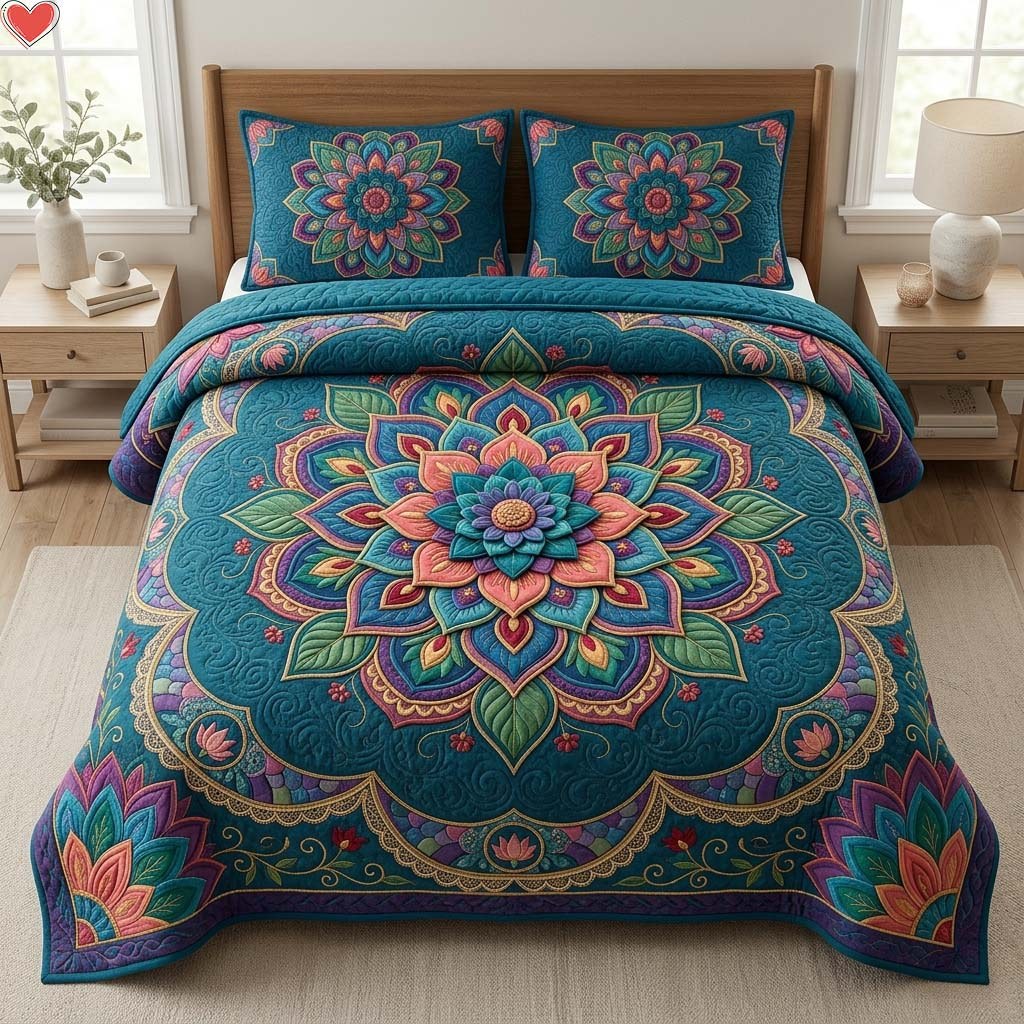 Bohemian Lotus Bloom quilted 3-piece bedding set on a made bed with two matching pillow shams