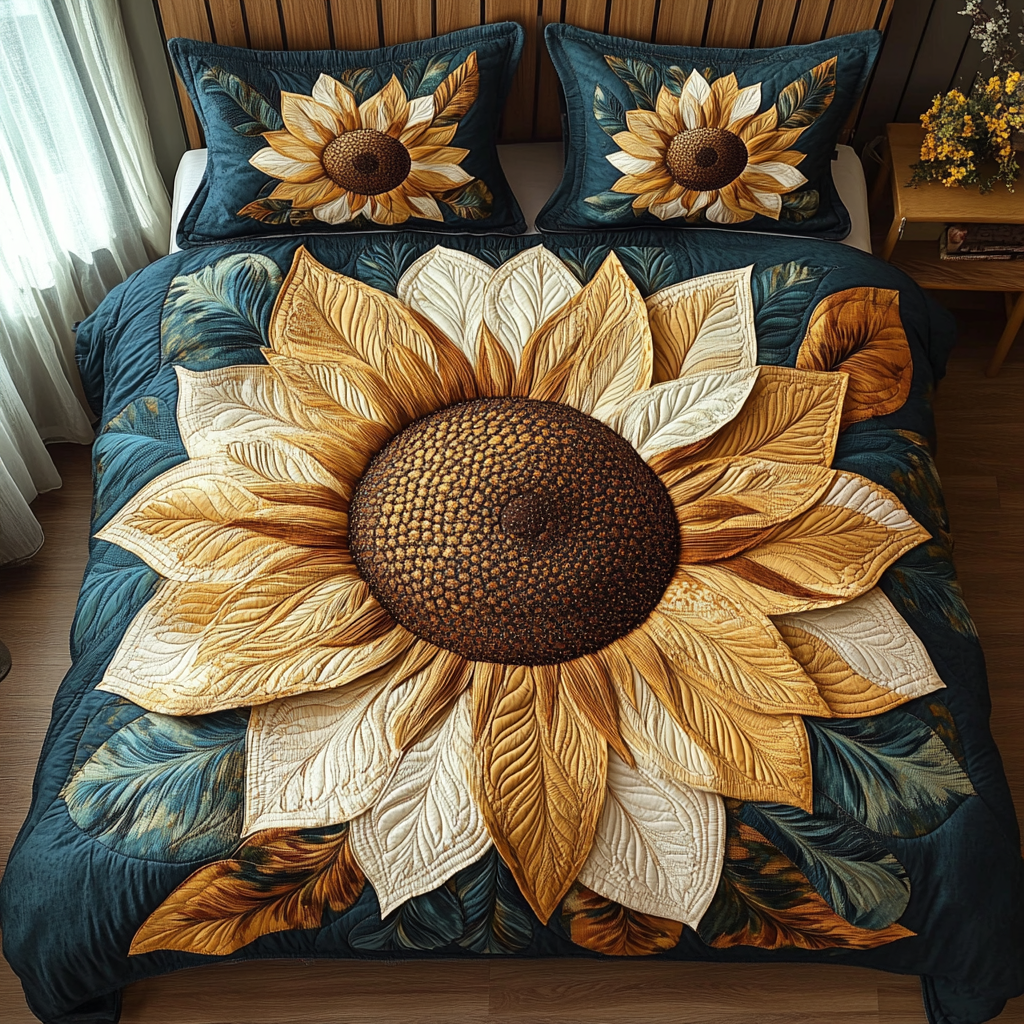 Boho Bloom Flower quilted 3-piece bedding set on a made bed with two matching pillow shams