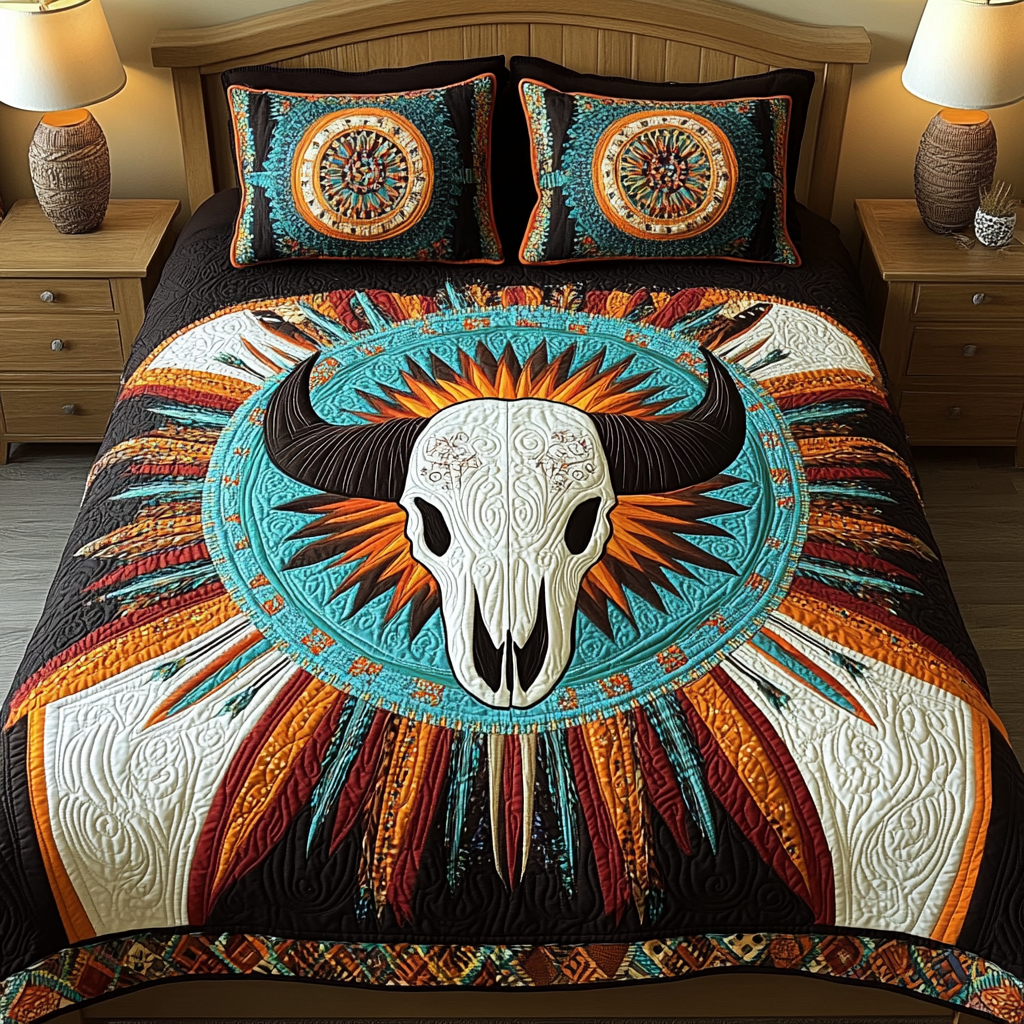 Boho Breeze Southwest quilted 3-piece bedding set on a made bed with two matching pillow shams